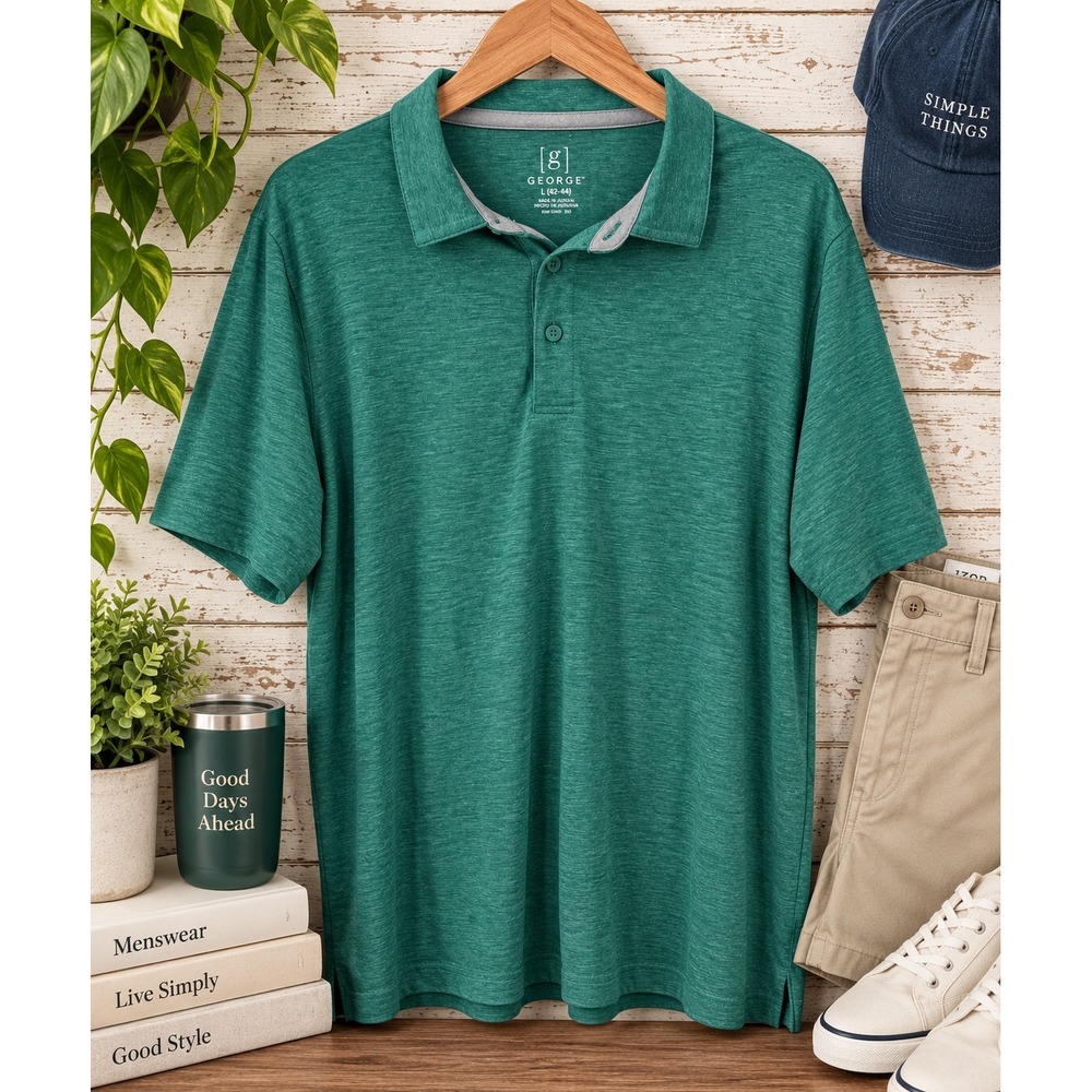George Mens Polo Shirt Short Sleeve Stretch L Green Heathered Golf Casual Preppy
